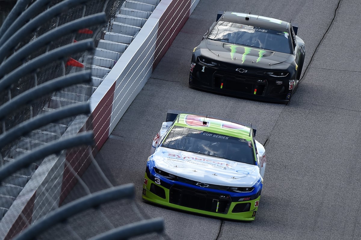 DARLINGTON, SOUTH CAROLINA - MAY 17: Austin Dillon, driver of the #3 Symbicort Chevrolet, leads Kurt Busch, driver of the #1 Monster Energy Chevrolet, during the NASCAR Cup Series The Real Heroes 400 at Darlington Raceway on May 17, 2020 in Darlington, South Carolina. NASCAR resumes the season after the nationwide lockdown due to the ongoing coronavirus (COVID-19). (Photo by Jared C. Tilton/Getty Images) | Getty Images