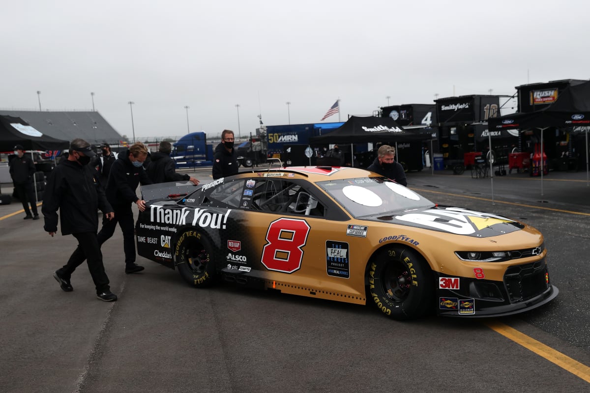 DARLINGTON, SOUTH CAROLINA - MAY 20: Crew members push the #8 Caterpillar Chevrolet, driven by Tyler Reddick, through the garage area prior to the NASCAR Cup Series Toyota 500 at Darlington Raceway on May 20, 2020 in Darlington, South Carolina. (Photo by Chris Graythen/Getty Images) | Getty Images