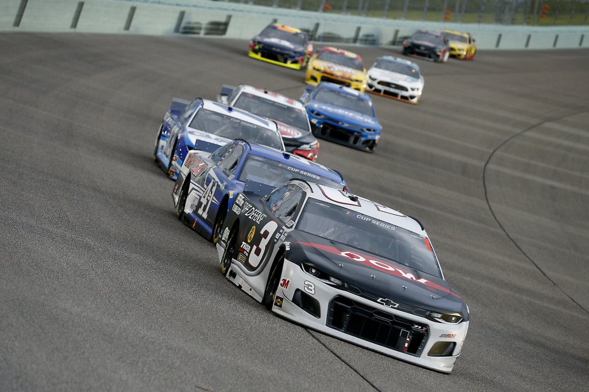 HOMESTEAD, FLORIDA - JUNE 14: Austin Dillon, driver of the #3 DOW/Behr Ultra Scuff Defense Chevrolet, leads a pack of cars during the NASCAR Cup Series Dixie Vodka 400 at Homestead-Miami Speedway on June 14, 2020 in Homestead, Florida. (Photo by Michael Reaves/Getty Images) | Getty Images