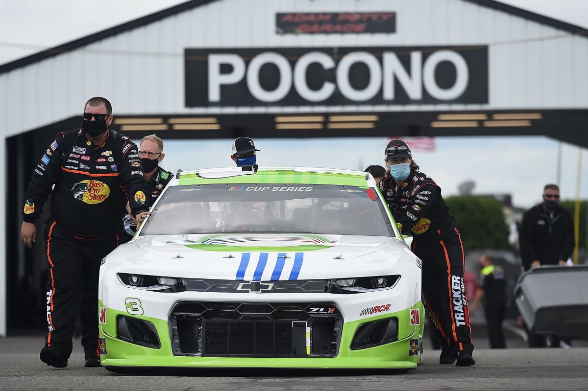 LONG POND, PENNSYLVANIA - JUNE 27: The crew push the #3 American Ethanol Chevrolet, driven by Austin Dillon, on the grid prior to the NASCAR Cup Series Pocono Organics 325 in partnership with Rodale Institute at Pocono Raceway on June 27, 2020 in Long Pond, Pennsylvania. (Photo by Jared C. Tilton/Getty Images) | Getty Images