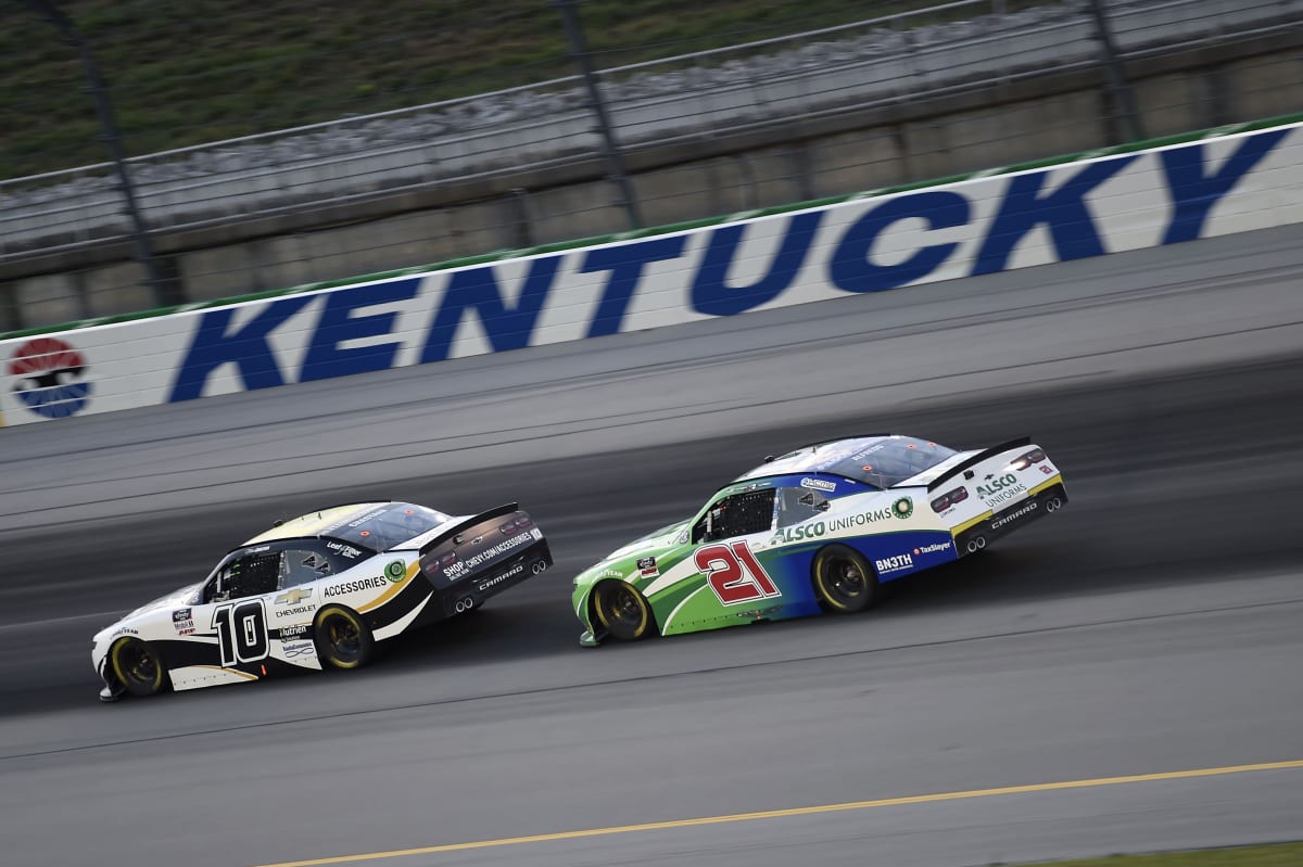 SPARTA, KENTUCKY - JULY 09: Ross Chastain, driver of the #10 Chevy Accessories Chevrolet, leads Anthony Alfredo, driver of the #21 Chevrolet, during the NASCAR Xfinity Series Shady Rays 200 at Kentucky Speedway on July 09, 2020 in Sparta, Kentucky. (Photo by Jared C. Tilton/Getty Images) | Getty Images