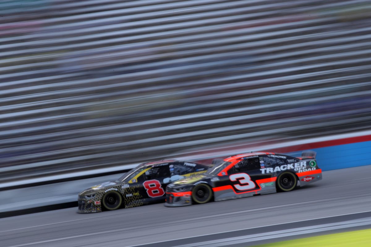 FORT WORTH, TEXAS - JULY 19: Austin Dillon, driver of the #3 Bass Pro Shops Chevrolet, races Tyler Reddick, driver of the #8 Cat Oil & Gas Chevrolet, during the NASCAR Cup Series O'Reilly Auto Parts 500 at Texas Motor Speedway on July 19, 2020 in Fort Worth, Texas. (Photo by Chris Graythen/Getty Images) | Getty Images