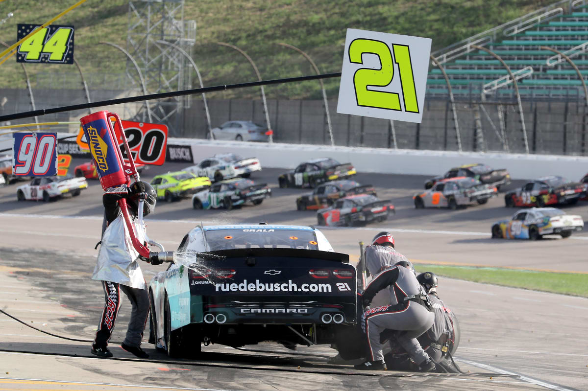 KANSAS CITY, KANSAS - JULY 25: Kaz Grala, driver of the #21 ruedebush.com Chevrolet, pits during the NASCAR Xfinity Series Kansas Lottery 250 at Kansas Speedway on July 25, 2020 in Kansas City, Kansas. (Photo by Jamie Squire/Getty Images) | Getty Images