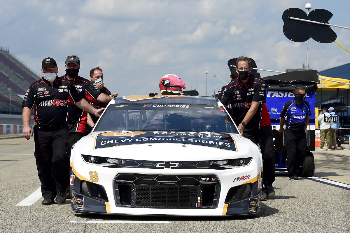 BROOKLYN, MICHIGAN - AUGUST 09:  The #8 Chevrolet, driven by Tyler Reddick, is pushed by the crew on the grid prior to the NASCAR Cup Series Consumers Energy 400 at Michigan International Speedway on August 09, 2020 in Brooklyn, Michigan. (Photo by Jared C. Tilton/Getty Images) | Getty Images