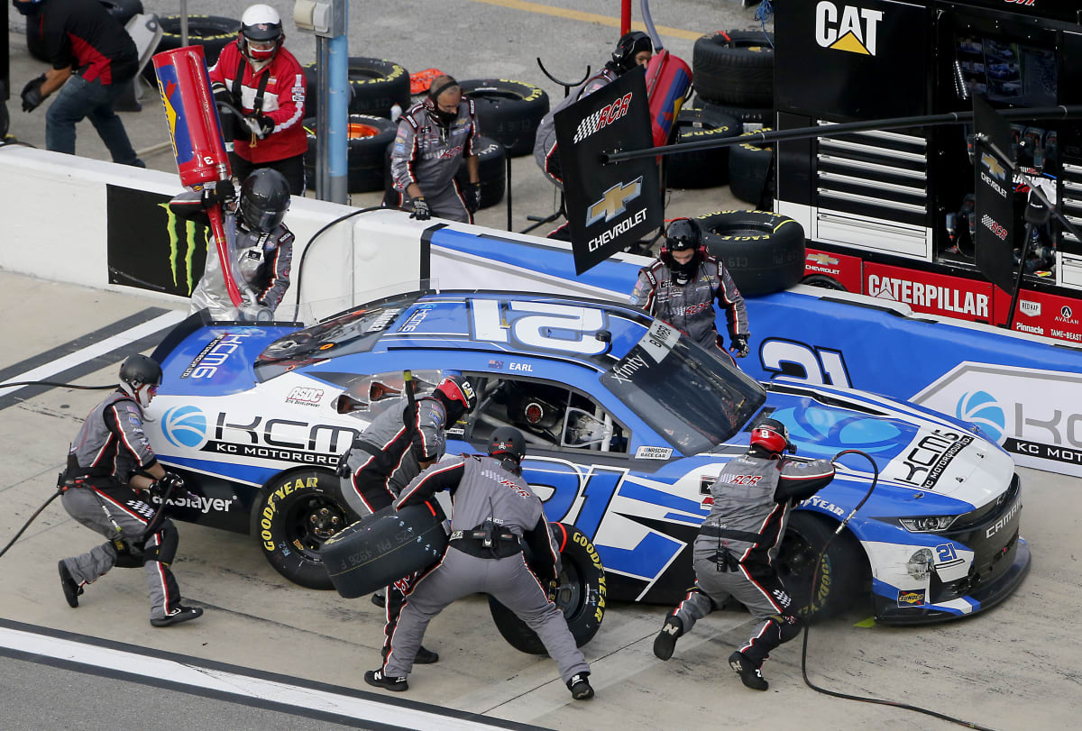 DAYTONA BEACH, FLORIDA - AUGUST 15: Earl Bamber, driver of the #21 KCMG Chevrolet, pits during the NASCAR Xfinity Series UNOH 188 at Daytona International Speedway on August 15, 2020 in Daytona Beach, Florida. (Photo by Brian Lawdermilk/Getty Images) | Getty Images