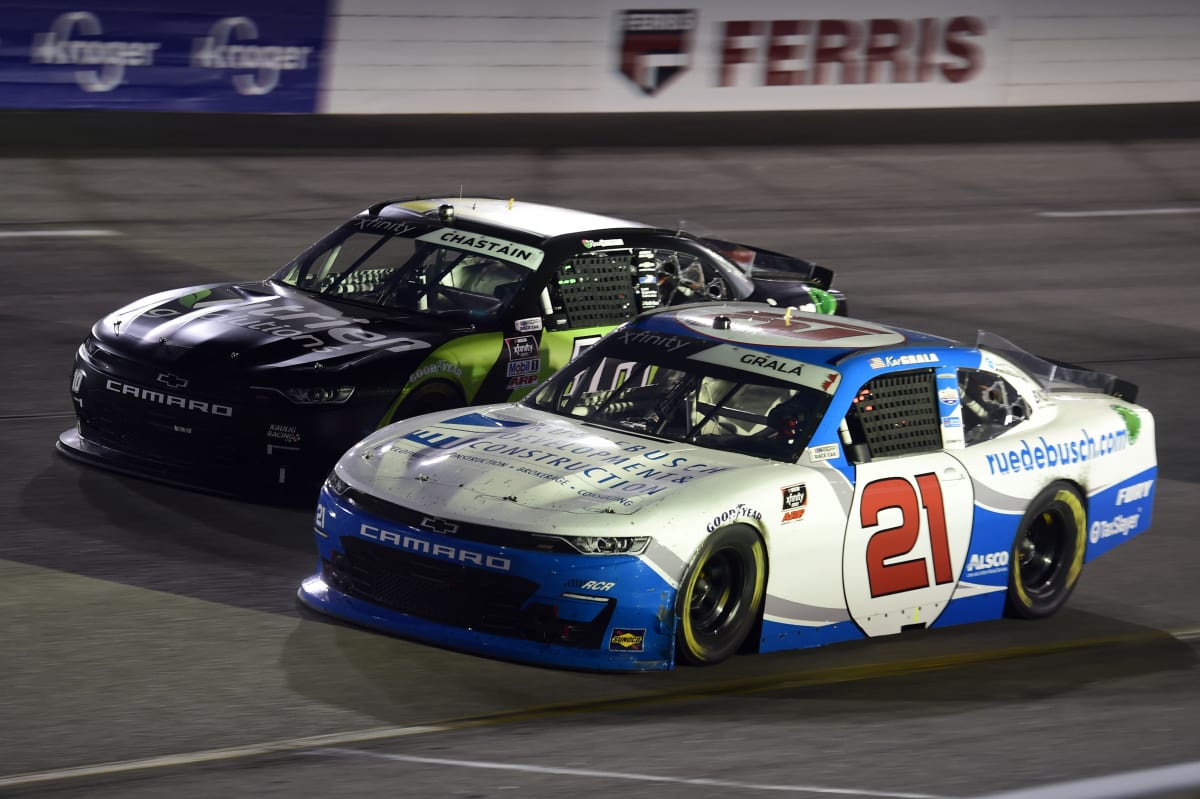 RICHMOND, VIRGINIA - SEPTEMBER 11: Kaz Grala, driver of the #21 ruedebusch.com Chevrolet, and Ross Chastain, driver of the #10 Nutrien Ag Solutions Chevrolet, race during the NASCAR Xfinity Series Go Bowling 250 at Richmond Raceway on September 11, 2020 in Richmond, Virginia. (Photo by Jared C. Tilton/Getty Images) | Getty Images