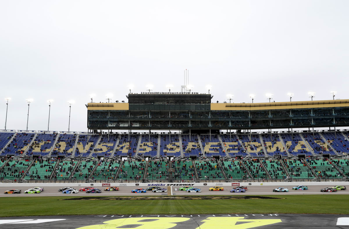 KANSAS CITY, KANSAS - OCTOBER 18: Tyler Reddick, driver of the #8 Caterpillar Chevrolet, leads a pack of cars during the NASCAR Cup Series  Hollywood Casino 400 at Kansas Speedway on October 18, 2020 in Kansas City, Kansas. (Photo by Chris Graythen/Getty Images) | Getty Images