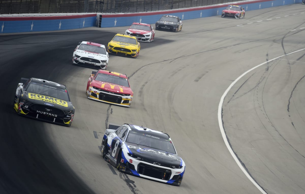 FORT WORTH, TEXAS - OCTOBER 25: Tyler Reddick, driver of the #8 Clark Pipeline Services Chevrolet, John H. Nemechek, driver of the #38 ROMCO Ford, and Matt Kenseth, driver of the #42 McDonald's Chevrolet, race during the NASCAR Cup Series Autotrader EchoPark Automotive 500 at Texas Motor Speedway on October 25, 2020 in Fort Worth, Texas. (Photo by Jared C. Tilton/Getty Images) | Getty Images