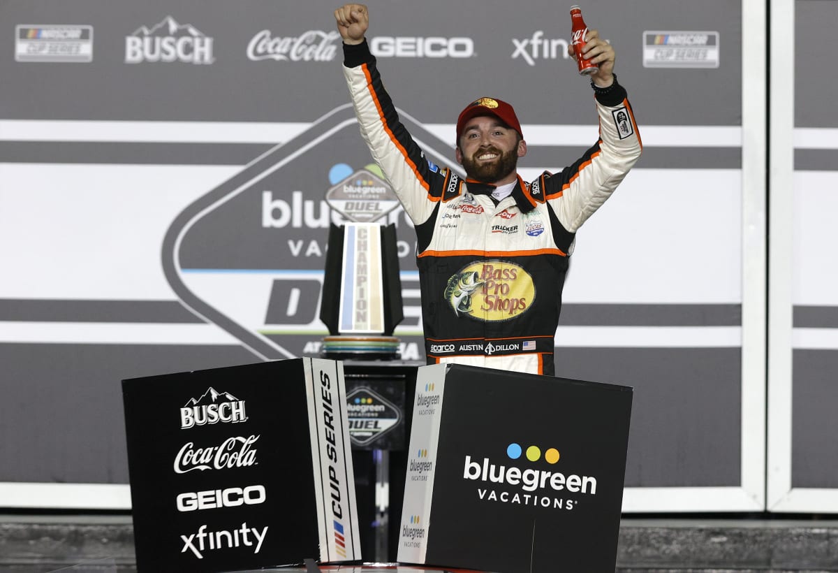 DAYTONA BEACH, FLORIDA - FEBRUARY 11: Austin Dillon, driver of the #3 Bass Pro Shops Chevrolet, celebrates in victory lane after winning during the NASCAR Cup Series Bluegreen Vacations Duel #2 at Daytona International Speedway on February 11, 2021 in Daytona Beach, Florida. (Photo by Chris Graythen/Getty Images) | Getty Images