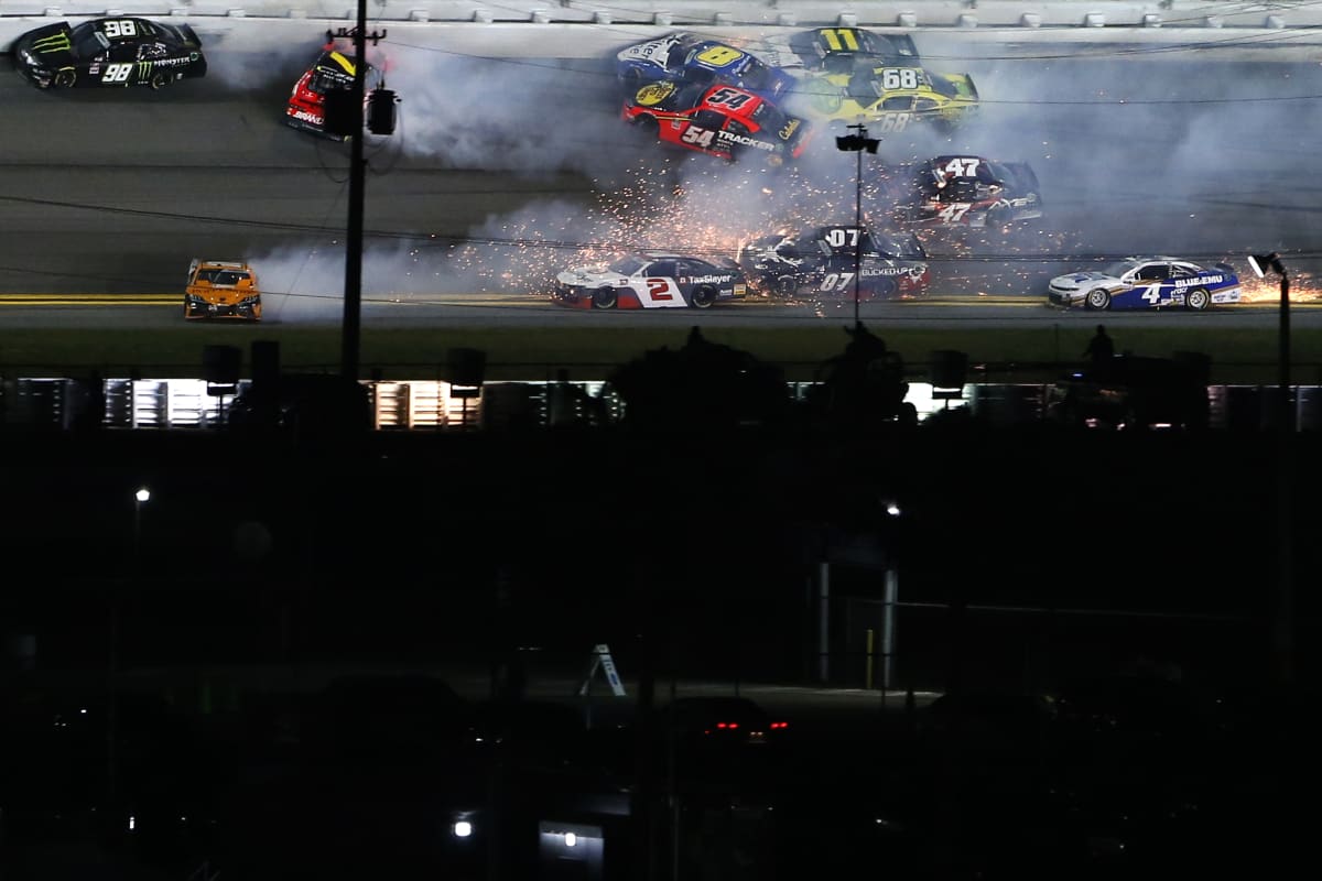 DAYTONA BEACH, FLORIDA - FEBRUARY 13: Myatt Snider, driver of the #2 TaxSlayer Chevrolet, Joe Graf Jr., driver of the #07 Bucked Up Energy Chevrolet, Kyle Weatherman, driver of the #47 Axe Crossbows Chevrolet, Ty Dillon, driver of the #54 Bass Pro Shops Toyota, and Landon Cassill, driver of the #4 Blue Emu Chevrolet, are involved in an on-track incident during the NASCAR Xfinity Series Beef. It's What's For Dinner. 300 at Daytona International Speedway on February 13, 2021 in Daytona Beach, Florida. (Photo by Brian Lawdermilk/Getty Images) | Getty Images