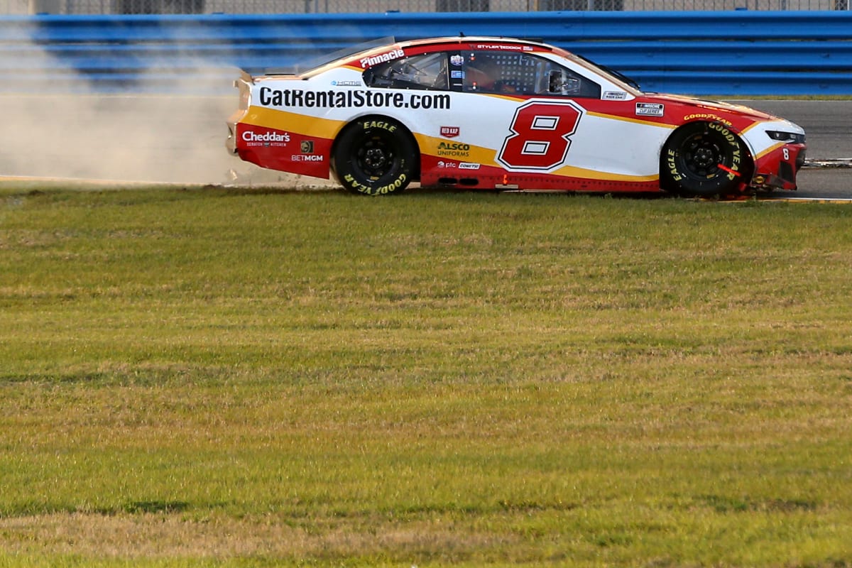 DAYTONA BEACH, FLORIDA - FEBRUARY 21: Tyler Reddick, driver of the #8 CatRentalStore.com Chevrolet, spins into the infield grass during the NASCAR Cup Series O'Reilly Auto Parts 253 at Daytona International Speedway on February 21, 2021 in Daytona Beach, Florida. (Photo by Brian Lawdermilk/Getty Images) | Getty Images