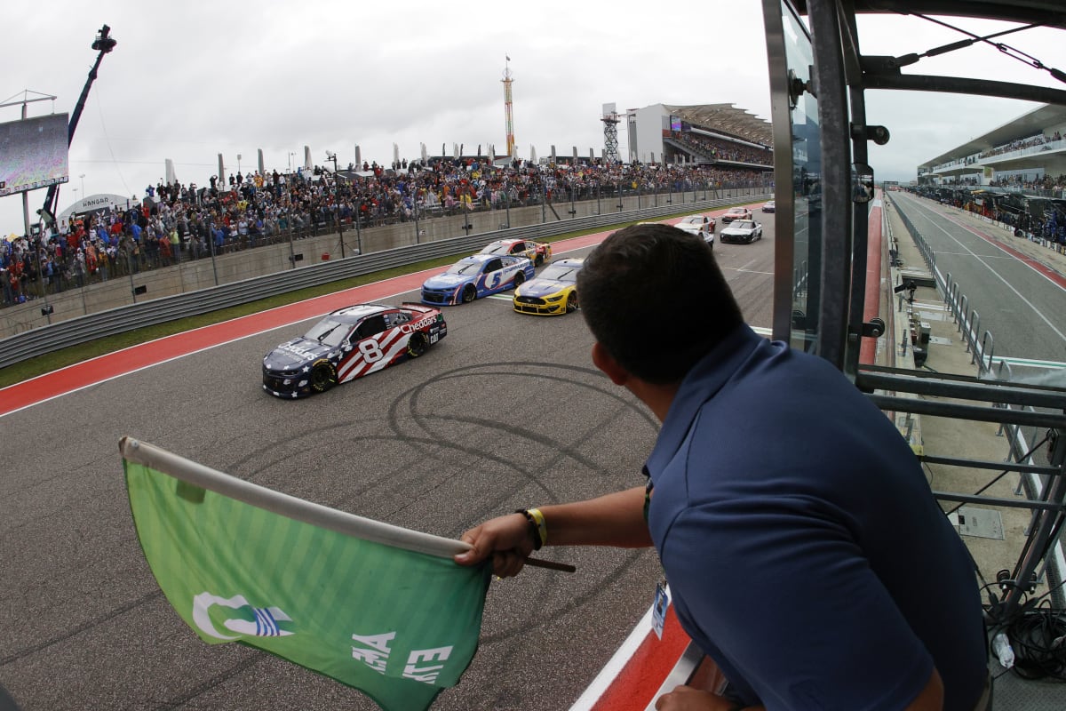 AUSTIN, TEXAS - MAY 23: Tyler Reddick, driver of the #8 Cheddar's Chevrolet, leads the field to the green flag to start during the NASCAR Cup Series EchoPark Texas Grand Prix at Circuit of The Americas on May 23, 2021 in Austin, Texas. (Photo by Chris Graythen/Getty Images) | Getty Images