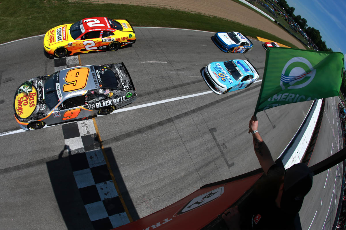 LEXINGTON, OHIO - JUNE 05: Noah Gragson, driver of the #9 Bass Pro Shops/TrueTimber/BRCC Chevrolet, Myatt Snider, driver of the #2 Louisiana Hot Sauce Chevrolet, Michael Annett, driver of the #1 Pilot Flying J Summer is a Go Chevrolet, and Alex Labbe, driver of the #36 Prolon/rosseau/Silver Wax Chevrolet, start the NASCAR Xfinity Series B&L Transport 170 at Mid-Ohio Sports Car Course on June 05, 2021 in Lexington, Ohio. (Photo by Sean Gardner/Getty Images) | Getty Images