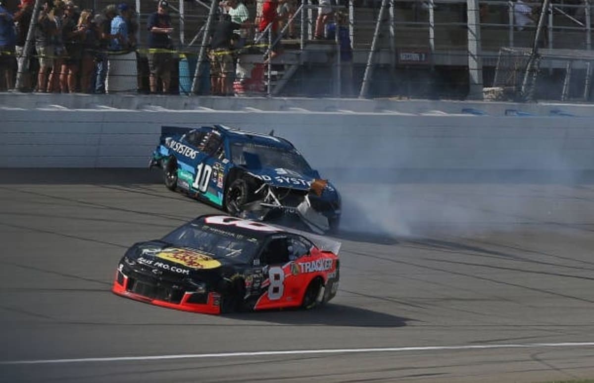 The contact damaged the left front fender and entire right side of Daniel Hemric's No. 8 Bass Pro Shops Chevrolet, but the team was able to make repairs and continue.