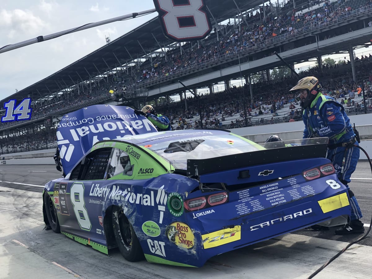 Daniel Hemric's No. 8 Liberty National Chevrolet sits on pit road after being collected in an incident late in Sunday's Brickyard 400 at Indianapolis Motor Speedway. The incident would ultimately end Hemric's day, resulting in a 34th-place finish.