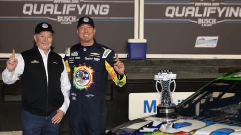 Richard Childress (L) and Kyle Busch (R) pose for a photo in Victory Lane.