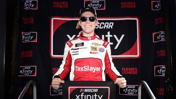DAYTONA BEACH, FLORIDA - FEBRUARY 15: Myatt Snider, driver of the #21 TaxSlayer Chevrolet, poses with the pole award after posting the quickest lap during qualifying for the NASCAR Xfinity Series NASCAR Racing Experience 300 at Daytona International Speedway on February 15, 2020 in Daytona Beach, Florida. (Photo by Jared C. Tilton/Getty Images) | Getty Images