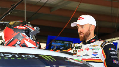 Austin Dillon faces off with his Dow helmet before taking his qualifying laps at Michigan.