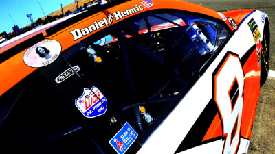 Daniel Hemric&apos;s No. 8 Poppy Bank Camaro ZL1 rolls through the garage during final practice.