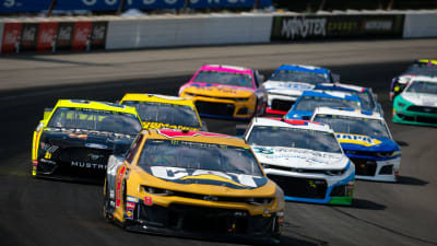 Daniel Hemric leads a hoard of cars at Pocono Raceway.