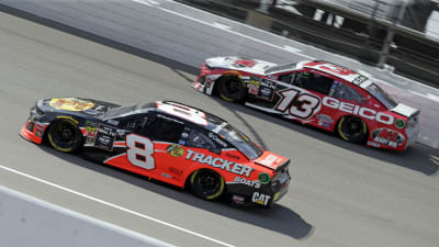 Daniel Hemric's No. 8 Bass Pro Shops Chevrolet dives under Ty Dillon's No. 13 Chevrolet during the first stage of Sunday's race at Michigan International Speedway.