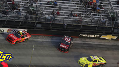 Tyler Reddick's No. 2 Tame the Beast Chevrolet goes spinning after contact with Justin Allgaier at the end of Stage 1 during Friday night's race at Bristol Motor Speedway.