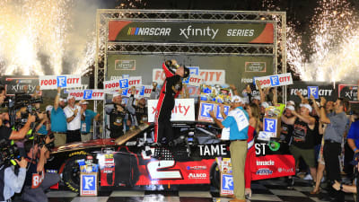Tyler Reddick takes a drink of Twisted Tea after climbing victorious from his No. 2 Tame the Beast Chevrolet at Bristol Motor Speedway.