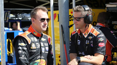 Daniel Hemric and crew chief Luke Lambert talk about the handling of the No. 8 Bass Pro Shops/Tracker Boats Chevrolet during Friday's practice session.