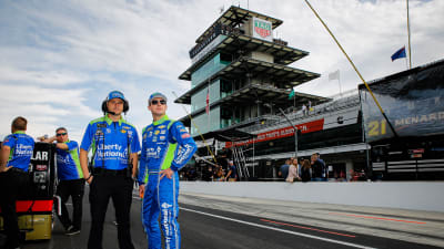 Daniel Hemric and crew chief Luke Lambert watch the scoring pylon while they wait to go out for qualifying Sunday at Indianapolis Motor Speedway. (HHP/Barry Cantrell)