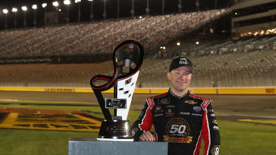 Tyler Reddick poses next to the Championship Trophy, as the Xfinity Series Playoffs are set to begin next week at Richmond Raceway.
