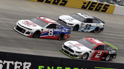 Daniel Hemric's No. 
8 Lucas Oil Chevrolet makes moves in the middle groove off Turn 4 during Sunday's Cup Series race at Dover.