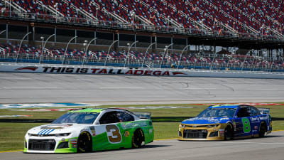 Austin Dillon's No. 3 American Ethanol/RCR 50th Chevrolet and Daniel Hemric's No. 8 Liberty National/RCR 50th Chevrolet wait to go out together during Friday's opening practice at Talladega Superspeedway.