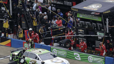 Austin Dillon's No. 3 American Ethanol/RCR 50th Chevrolet hits pit road for service during one of the caution periods on Monday at Talladega Superspeedway.