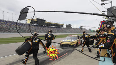 Daniel Hemric brings the No. 8 Caterpillar Chevrolet to the attention of the pit crew during the first stage break of Sunday's NASCAR Cup Series race at Kansas Speedway.