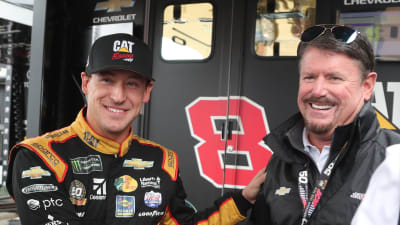 Daniel Hemric shakes hands with Andy Petree after winning his first career NASCAR Cup Series pole Saturday at Kansas Speedway.