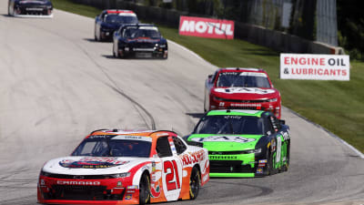 Kaz Grala leads a pack of cars into a right-hand corner during Saturday's race at Road America.
