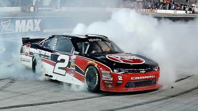Austin Dillon celebrating his first career short-track victory.