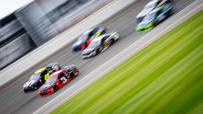 The No. 3 Dow Chevrolet and No. 8 Liberty National Chevrolet zoom by in the opening laps of Sunday&apos;s race.