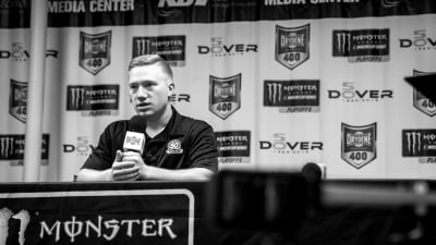 Tyler Reddick talks with the NASCAR media prior to jumping in the car for practice at Dover.