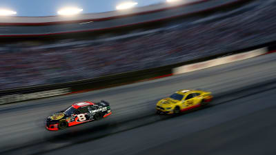 Daniel Hemric's No. 8 Bass Pro Shops/Tracker Boats Chevrolet races with the No. 34 of Michael McDowell during the second stage of Saturday night's Bass Pro Shops Night Race at Bristol Motor Speedway. (Photo by Brian Lawdermilk/Getty Images)