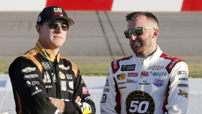 Daniel Hemric and Austin Dillon stand on pit road during Cup Series qualifying Friday at Richmond Raceway.