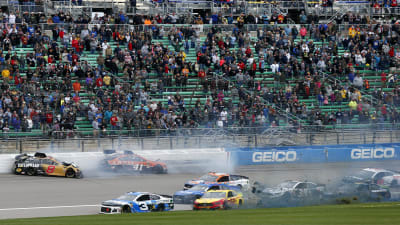 Daniel Hemric's No. 8 Caterpillar Chevrolet was caught up in a late-race incident on the frontstretch that ended his day early, while Austin Dillon was able to maneuver the No. 3 Roland Chevrolet around the wreck.