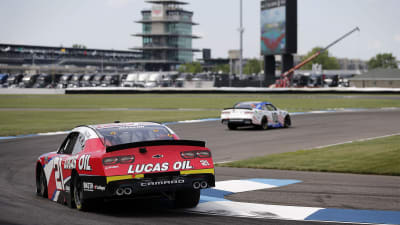 INDIANAPOLIS, INDIANA - JULY 03:  Ross Chastain, driver of the #10 Chevy Accessories Chevrolet, leads Anthony Alfredo, driver of the #21 Lucas Oil Chevrolet, during practice for the NASCAR Xfinity Series Pennzoil 150 at the Brickyard at Indianapolis Motor Speedway on July 03, 2020 in Indianapolis, Indiana. (Photo by Jamie Squire/Getty Images) | Getty Images