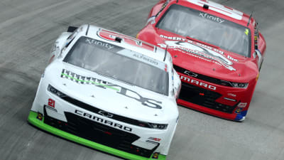 DOVER, DELAWARE - AUGUST 22: Anthony Alfredo, driver of the #21 ADS/Footing First Chevrolet, and Brett Moffitt, driver of the #02 Robert B Our Inc Chevrolet, race during the NASCAR Xfinity Series Drydene 200 at Dover International Speedway on August 22, 2020 in Dover, Delaware. (Photo by Hunter Martin/Getty Images) | Getty Images