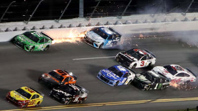 DAYTONA BEACH, FLORIDA - AUGUST 29: Ricky Stenhouse Jr., driver of the #47 Kroger Chevrolet, Kyle Busch, driver of the #18 Interstate Batteries Toyota, Kurt Busch, driver of the #1 Monster Energy Chevrolet, Austin Dillon, driver of the #3 Dow VORASURF Chevrolet, Ryan Newman, driver of the #6 Guaranteed Rate Ford, and Erik Jones, driver of the #20 Auto-Owners Insurance Toyota, are involved in an on-track incident during the NASCAR Cup Series Coke Zero Sugar 400 at Daytona International Speedway on August 29, 2020 in Daytona Beach, Florida. (Photo by Brian Lawdermilk/Getty Images) | Getty Images