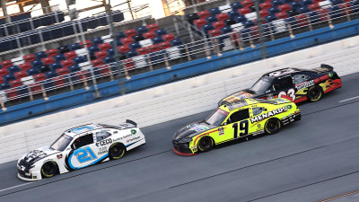 TALLADEGA, ALABAMA - OCTOBER 03: Anthony Alfredo, driver of the #21 Ceco Building Systems Chevrolet, Brandon Jones, driver of the #19 Menards/Swiffer Toyota, and Myatt Snider, driver of the #93 The Original Louisiana Hot Sauce Chevrolet, race during the NASCAR Xfinity Series Ag-Pro 300 at Talladega Superspeedway on October 03, 2020 in Talladega, Alabama. (Photo by Chris Graythen/Getty Images) | Getty Images