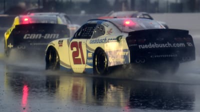 CONCORD, NORTH CAROLINA - OCTOBER 10: Kaz Grala, driver of the #21 ruedebusch.com Chevrolet, drives in the rain during the NASCAR Xfinity Series Drive for the Cure 250 presented by Blue Cross Blue Shield of North Carolina at Charlotte Motor Speedway on October 10, 2020 in Concord, North Carolina. (Photo by Jared C. Tilton/Getty Images) | Getty Images