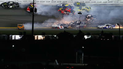 DAYTONA BEACH, FLORIDA - FEBRUARY 13: Myatt Snider, driver of the #2 TaxSlayer Chevrolet, Joe Graf Jr., driver of the #07 Bucked Up Energy Chevrolet, Kyle Weatherman, driver of the #47 Axe Crossbows Chevrolet, Ty Dillon, driver of the #54 Bass Pro Shops Toyota, and Landon Cassill, driver of the #4 Blue Emu Chevrolet, are involved in an on-track incident during the NASCAR Xfinity Series Beef. It's What's For Dinner. 300 at Daytona International Speedway on February 13, 2021 in Daytona Beach, Florida. (Photo by Brian Lawdermilk/Getty Images) | Getty Images