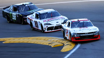 DAYTONA BEACH, FLORIDA - FEBRUARY 20: Myatt Snider, driver of the #2 TaxSlayer Chevrolet, Harrison Burton, driver of the #20 DEX Imaging Toyota, and Riley Herbst, driver of the #98 Monster Energy Ford, race  during the NASCAR Xfinity Super Start Batteries 188 At Daytona Presented by O'Reilly at Daytona International Speedway on February 20, 2021 in Daytona Beach, Florida. (Photo by James Gilbert/Getty Images) | Getty Images