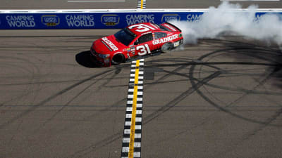 Ryan Newman smokes the tires of the No. 31 Grainger Chevrolet after earning his first victory with Richard Childress Racing.